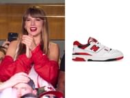 Taylor Swift was spotted at another Kansas City Chiefs’ game wearing the New Balance 550 and a closeup of the sneakers (Image via X/Resell news)